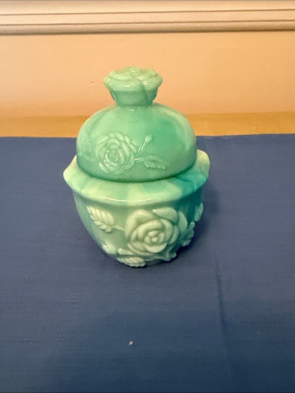 Avon Green Rose Relief Glass Trinket Jar